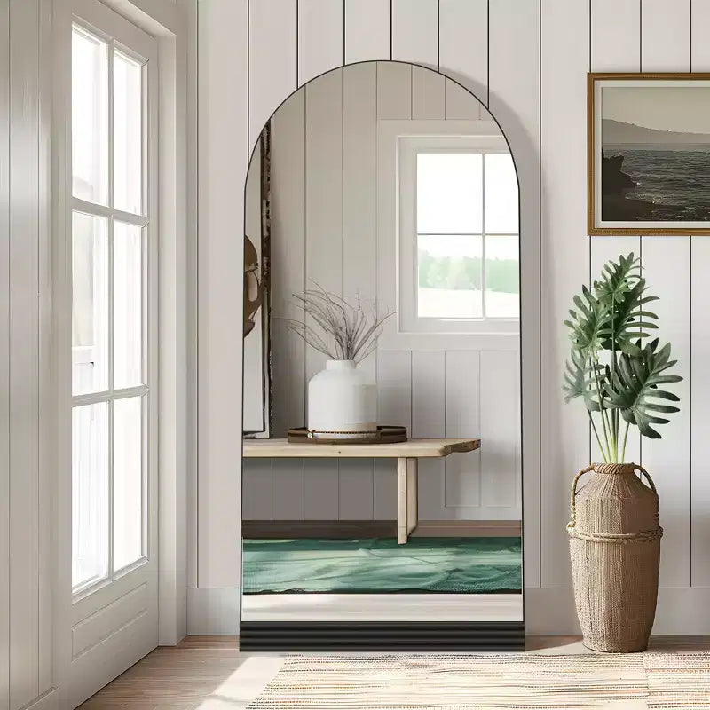 PexFix 31 in. W x 71 in. H Full-Length Arched Wood Frame Wall Mirror with Striped Wooden Base in Black