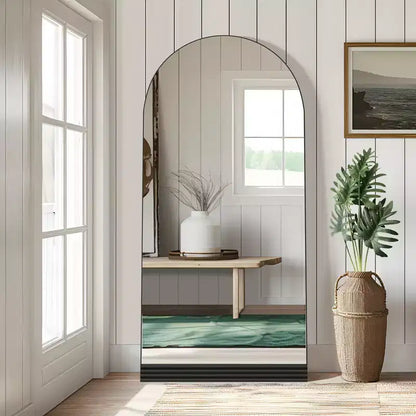 PexFix 31 in. W x 71 in. H Full-Length Arched Wood Frame Wall Mirror with Striped Wooden Base in Black