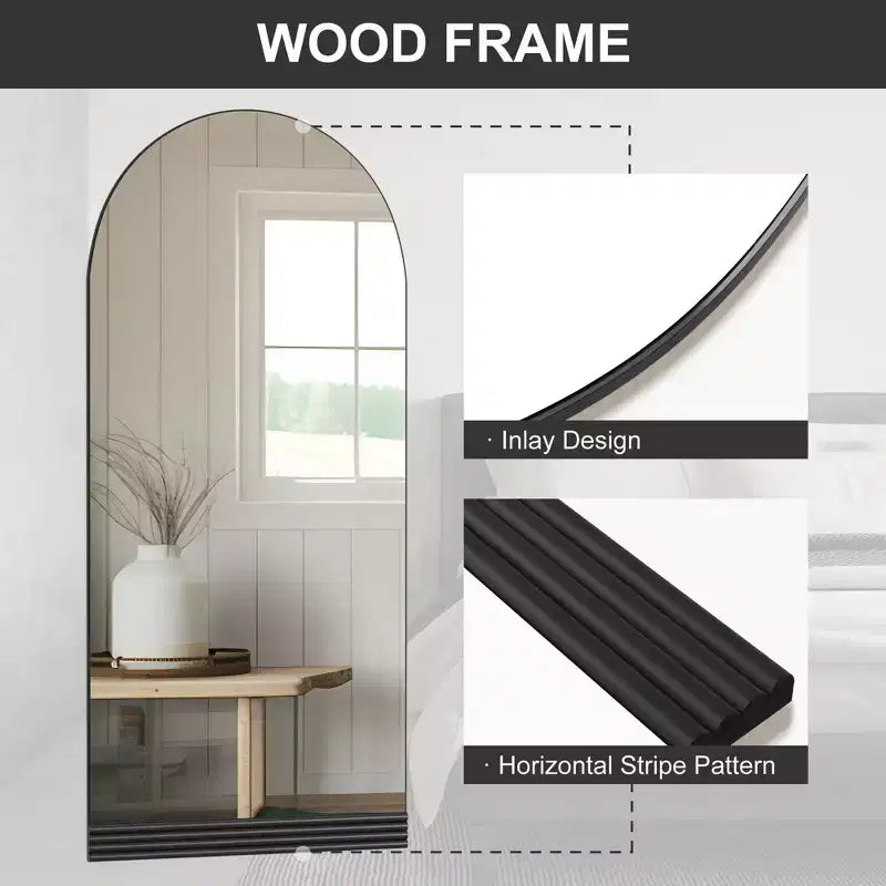 PexFix 31 in. W x 71 in. H Full-Length Arched Wood Frame Wall Mirror with Striped Wooden Base in Black