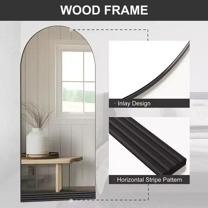 PexFix 31 in. W x 71 in. H Full-Length Arched Wood Frame Wall Mirror with Striped Wooden Base in Black