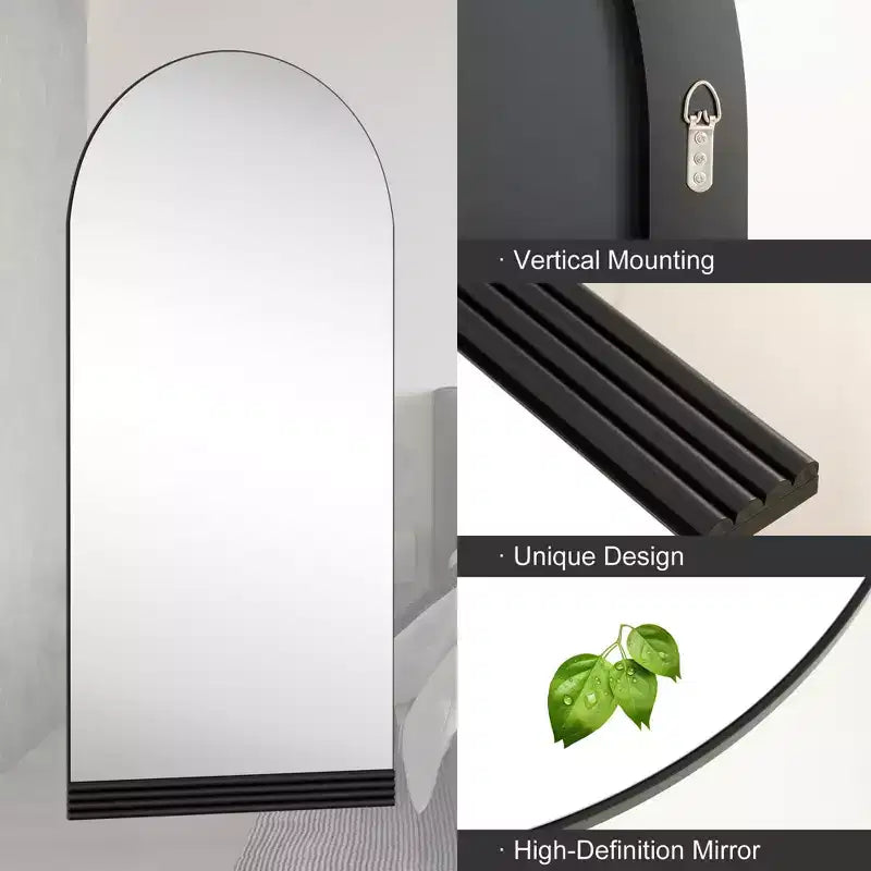 PexFix 31 in. W x 71 in. H Full-Length Arched Wood Frame Wall Mirror with Striped Wooden Base in Black
