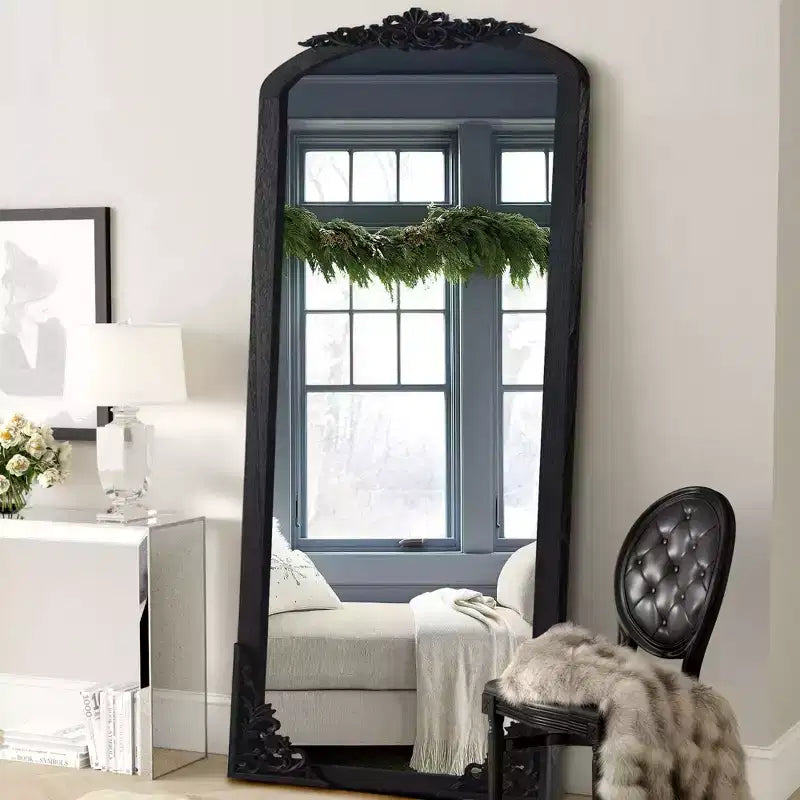 PexFix Miroir en bois massif arqué rustique de 30 po L x 69 po H à cadre sculpté pour montage soi-même, noir