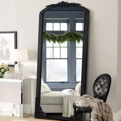 PexFix Miroir en bois massif arqué rustique de 30 po L x 69 po H à cadre sculpté pour montage soi-même, noir