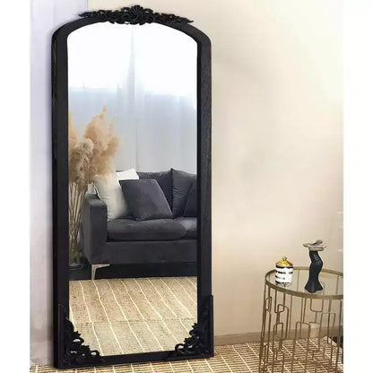 PexFix Miroir en bois massif arqué rustique de 30 po L x 69 po H à cadre sculpté pour montage soi-même, noir