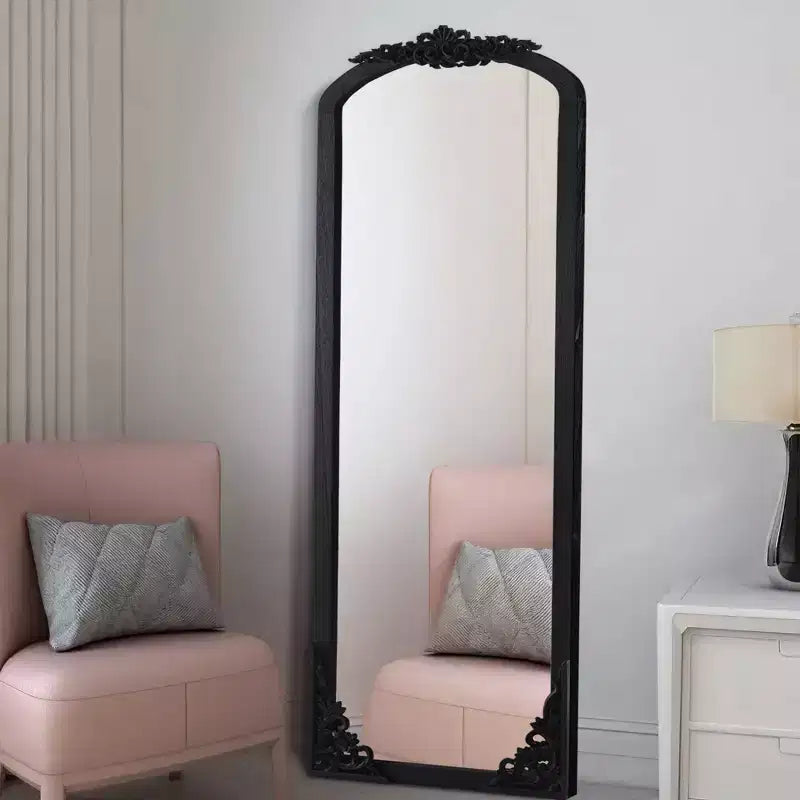 PexFix Miroir en bois massif arqué rustique de 30 po L x 69 po H à cadre sculpté pour montage soi-même, noir