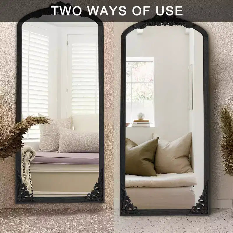 PexFix Miroir en bois massif arqué rustique de 30 po L x 69 po H à cadre sculpté pour montage soi-même, noir
