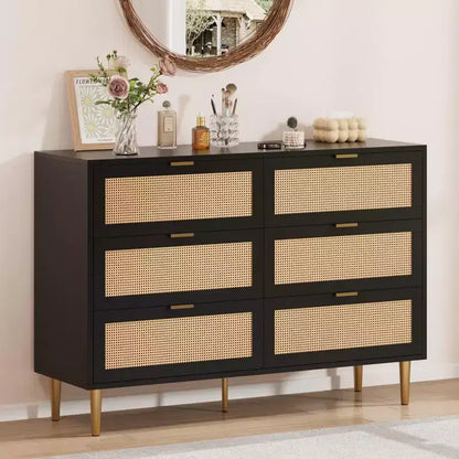 1-Piece PB+MDF Woven Rattan Six-Drawer Cabinet - Rattan Cabinet, Three-Layer Melamine Surface, Six Drawers, Golden Hardware Feet