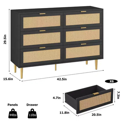 Meuble à six tiroirs en rotin tressé 1 pièce PB+MDF - Armoire en rotin, surface mélaminée trois couches, six tiroirs, pieds de quincaillerie dorés