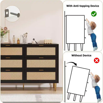 Meuble à six tiroirs en rotin tressé 1 pièce PB+MDF - Armoire en rotin, surface mélaminée trois couches, six tiroirs, pieds de quincaillerie dorés