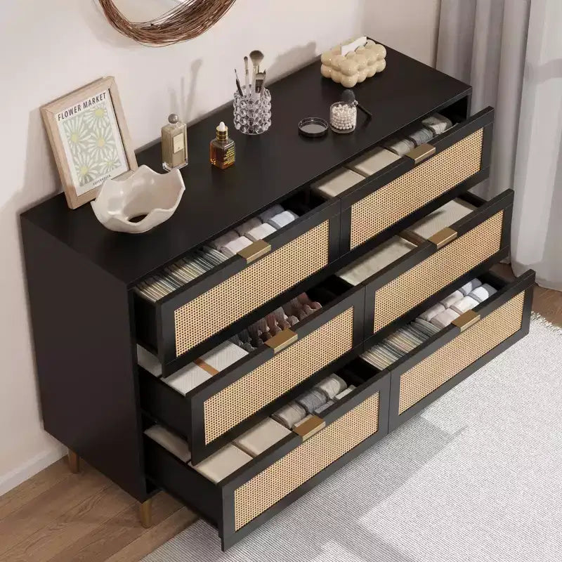 Meuble à six tiroirs en rotin tressé 1 pièce PB+MDF - Armoire en rotin, surface mélaminée trois couches, six tiroirs, pieds de quincaillerie dorés