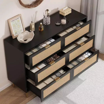 Meuble à six tiroirs en rotin tressé 1 pièce PB+MDF - Armoire en rotin, surface mélaminée trois couches, six tiroirs, pieds de quincaillerie dorés