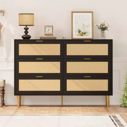 Meuble à six tiroirs en rotin tressé 1 pièce PB+MDF - Armoire en rotin, surface mélaminée trois couches, six tiroirs, pieds de quincaillerie dorés