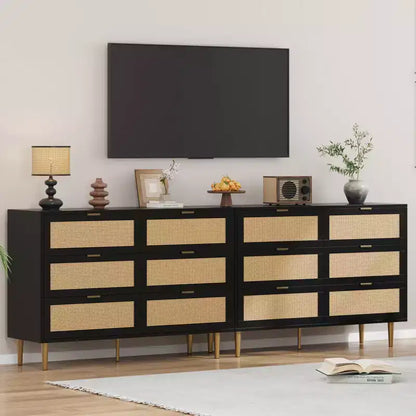 Meuble à six tiroirs en rotin tressé 1 pièce PB+MDF - Armoire en rotin, surface mélaminée trois couches, six tiroirs, pieds de quincaillerie dorés