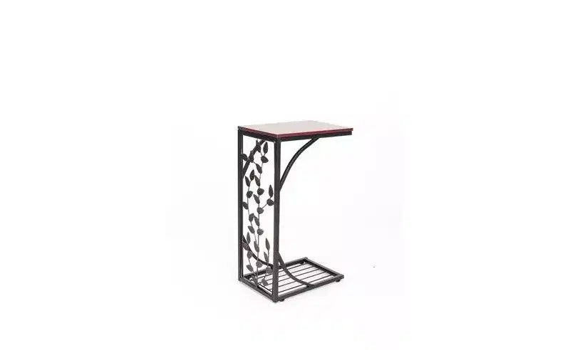 Table d'appoint en panneau de densité P2 monocouche, motif feuille de type C, plateau marron, revêtement en poudre noire