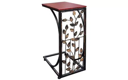 Table d'appoint en panneau de densité P2 monocouche, motif feuille de type C, plateau marron, revêtement en poudre noire