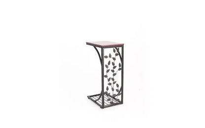 Table d'appoint en panneau de densité P2 monocouche, motif feuille de type C, plateau marron, revêtement en poudre noire