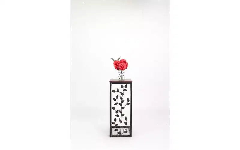 Table d'appoint en panneau de densité P2 monocouche, motif feuille de type C, plateau marron, revêtement en poudre noire