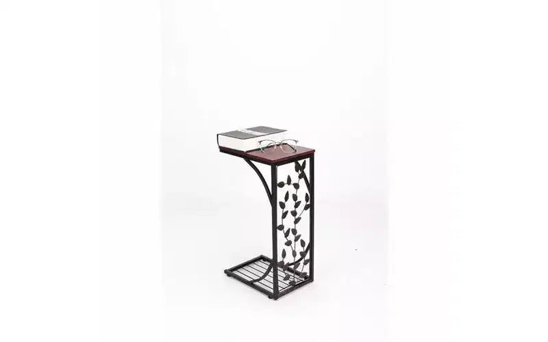 Table d'appoint en panneau de densité P2 monocouche, motif feuille de type C, plateau marron, revêtement en poudre noire