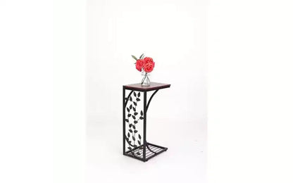 Table d'appoint en panneau de densité P2 monocouche, motif feuille de type C, plateau marron, revêtement en poudre noire