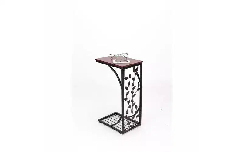Table d'appoint en panneau de densité P2 monocouche, motif feuille de type C, plateau marron, revêtement en poudre noire