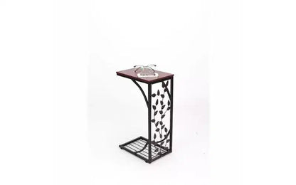Table d'appoint en panneau de densité P2 monocouche, motif feuille de type C, plateau marron, revêtement en poudre noire