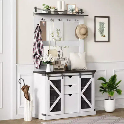 Hall Tree-5-in-1 Multifunctional Unit with Shoe Storage,Adjustable Side Stand, Coat Rack & Dressing Table.Corner Design - Perfect Entryway Furniture