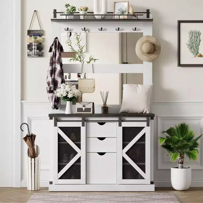 Hall Tree-5-in-1 Multifunctional Unit with Shoe Storage,Adjustable Side Stand, Coat Rack & Dressing Table.Corner Design - Perfect Entryway Furniture