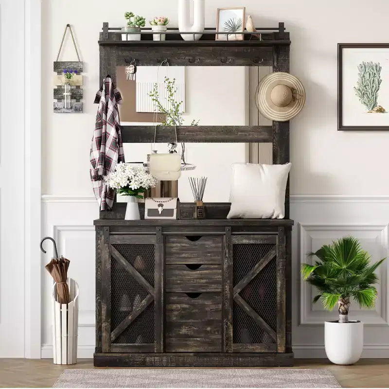 Hall Tree-5-in-1 Multifunctional Unit with Shoe Storage,Adjustable Side Stand, Coat Rack & Dressing Table.Corner Design - Perfect Entryway Furniture