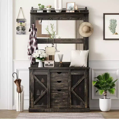 Hall Tree-5-in-1 Multifunctional Unit with Shoe Storage,Adjustable Side Stand, Coat Rack & Dressing Table.Corner Design - Perfect Entryway Furniture