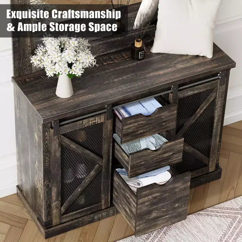 Hall Tree-5-in-1 Multifunctional Unit with Shoe Storage,Adjustable Side Stand, Coat Rack & Dressing Table.Corner Design - Perfect Entryway Furniture