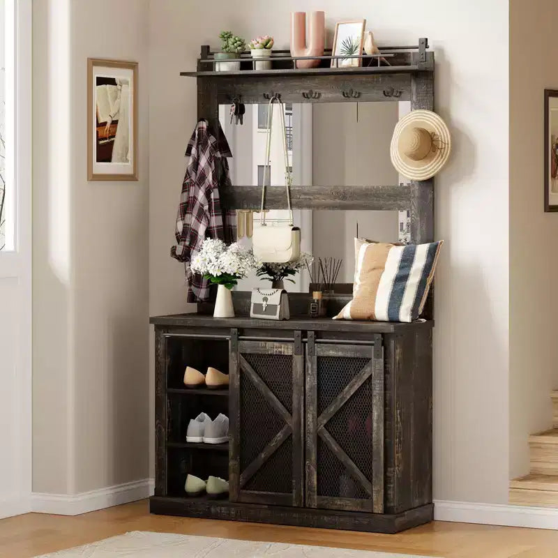 Hall Tree-5-in-1 Multifunctional Unit with Shoe Storage,Adjustable Side Stand, Coat Rack & Dressing Table.Corner Design - Perfect Entryway Furniture