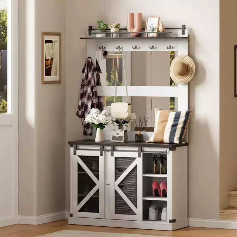 Hall Tree-5-in-1 Multifunctional Unit with Shoe Storage,Adjustable Side Stand, Coat Rack & Dressing Table.Corner Design - Perfect Entryway Furniture