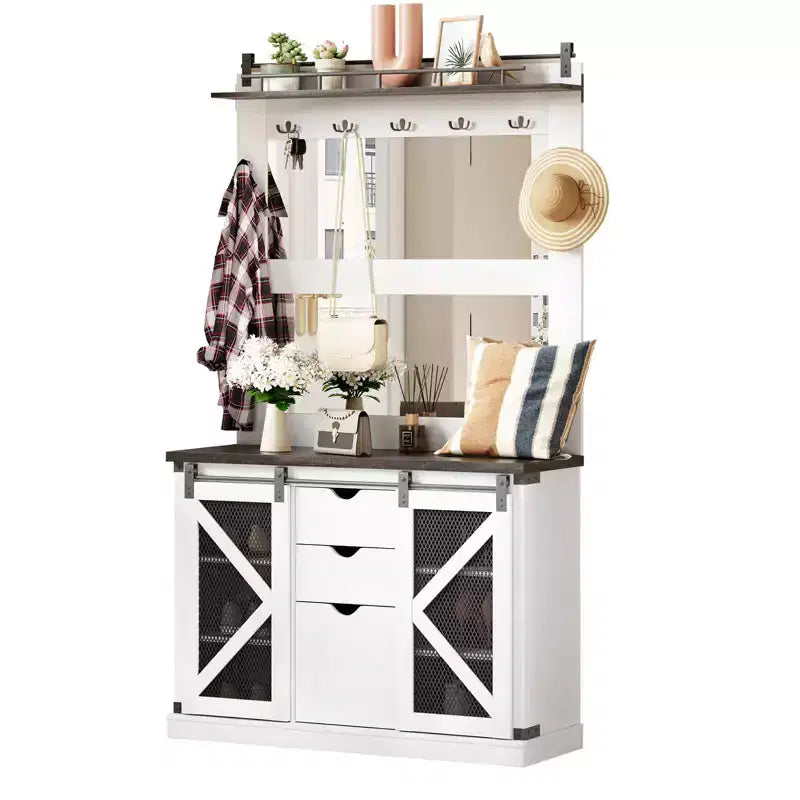 Hall Tree-5-in-1 Multifunctional Unit with Shoe Storage,Adjustable Side Stand, Coat Rack & Dressing Table.Corner Design - Perfect Entryway Furniture