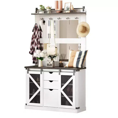 Hall Tree-5-in-1 Multifunctional Unit with Shoe Storage,Adjustable Side Stand, Coat Rack & Dressing Table.Corner Design - Perfect Entryway Furniture