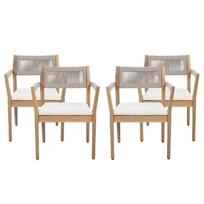 NAYSAYE Patio Dining Sets Braided Acacia Wood Dining Chairs with Cushions and Armrests for Garden Poolside, Cream and Beige, 23.25*21.5*32.25