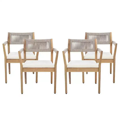 NAYSAYE Patio Dining Sets Braided Acacia Wood Dining Chairs with Cushions and Armrests for Garden Poolside, Cream and Beige, 23.25*21.5*32.25