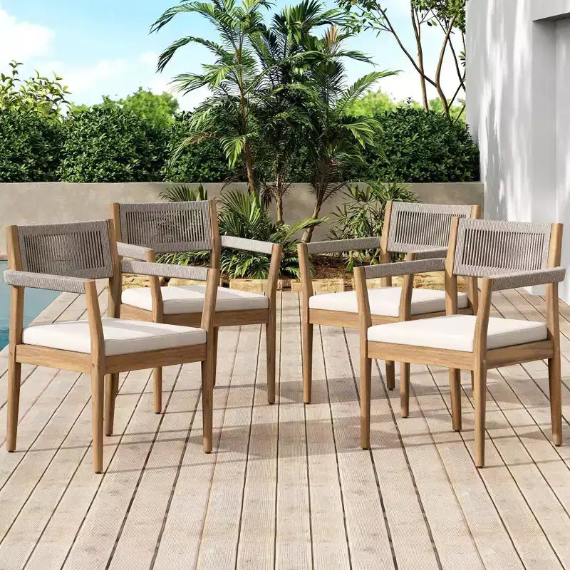 NAYSAYE Patio Dining Sets Braided Acacia Wood Dining Chairs with Cushions and Armrests for Garden Poolside, Cream and Beige, 23.25*21.5*32.25