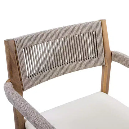 NAYSAYE Patio Dining Sets Braided Acacia Wood Dining Chairs with Cushions and Armrests for Garden Poolside, Cream and Beige, 23.25*21.5*32.25