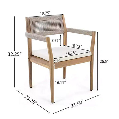 NAYSAYE Patio Dining Sets Braided Acacia Wood Dining Chairs with Cushions and Armrests for Garden Poolside, Cream and Beige, 23.25*21.5*32.25