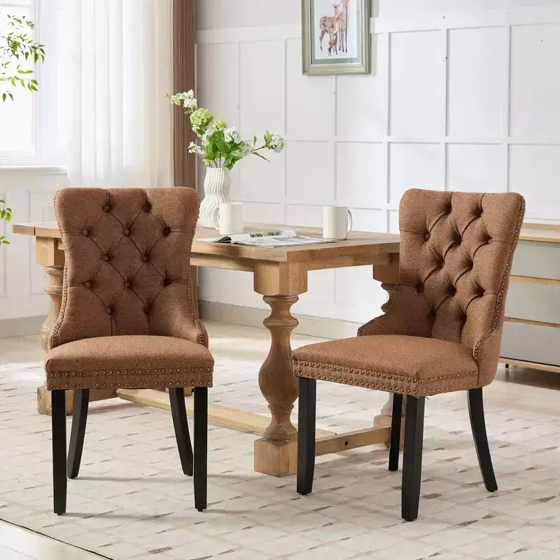 CLIHOME Set of 2 High-end Tufted Solid Wood Contemporary Flax Upholstered Linen Dining Chair with Wood Legs Nailhead Trim