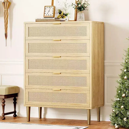 5 Drawer Dresser, 44'' Tall Narrow Chest of Drawer, Farmhouse Wooden Vertical Dresser with Metal Legs and Handles, Modern Cabinet