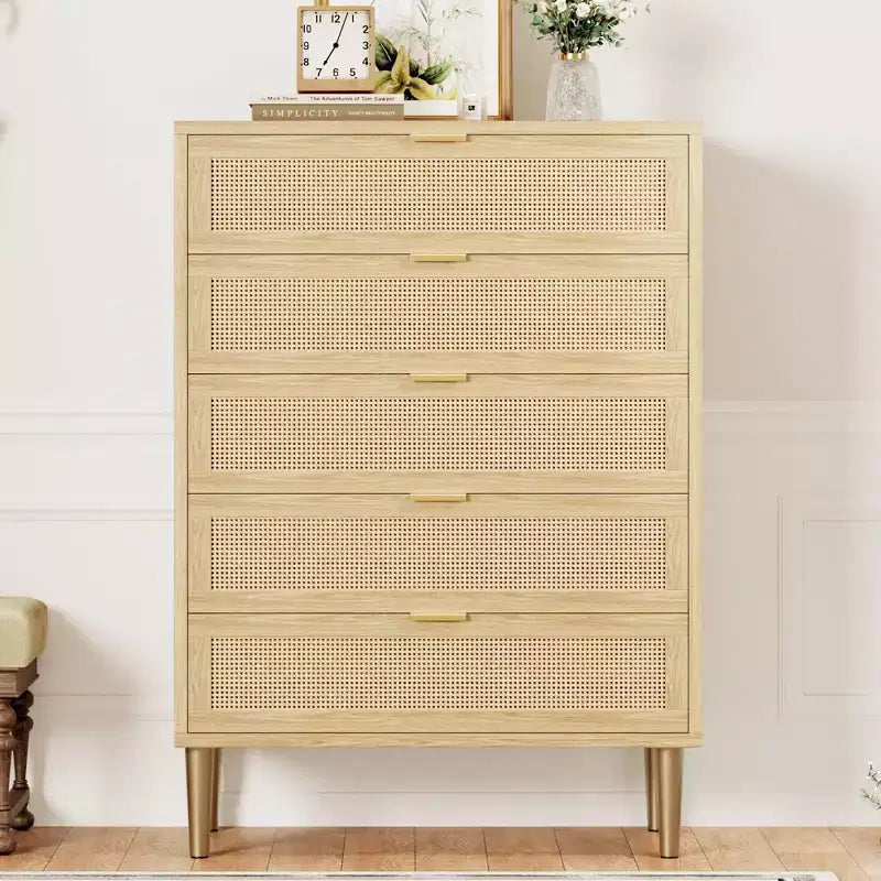 Commode à 5 tiroirs, commode verticale étroite de 112 cm de haut, commode verticale en bois de style fermier avec pieds et poignées en métal, meuble de rangement moderne