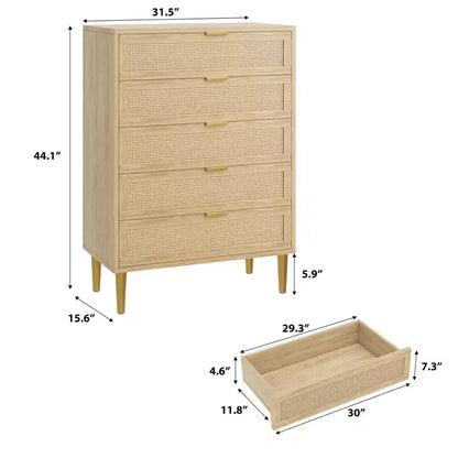 Commode à 5 tiroirs, commode verticale étroite de 112 cm de haut, commode verticale en bois de style fermier avec pieds et poignées en métal, meuble de rangement moderne
