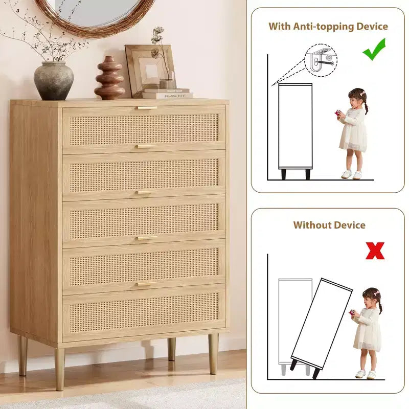 Commode à 5 tiroirs, commode verticale étroite de 112 cm de haut, commode verticale en bois de style fermier avec pieds et poignées en métal, meuble de rangement moderne