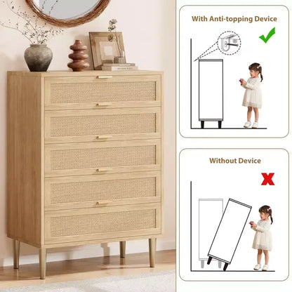 Commode à 5 tiroirs, commode verticale étroite de 112 cm de haut, commode verticale en bois de style fermier avec pieds et poignées en métal, meuble de rangement moderne