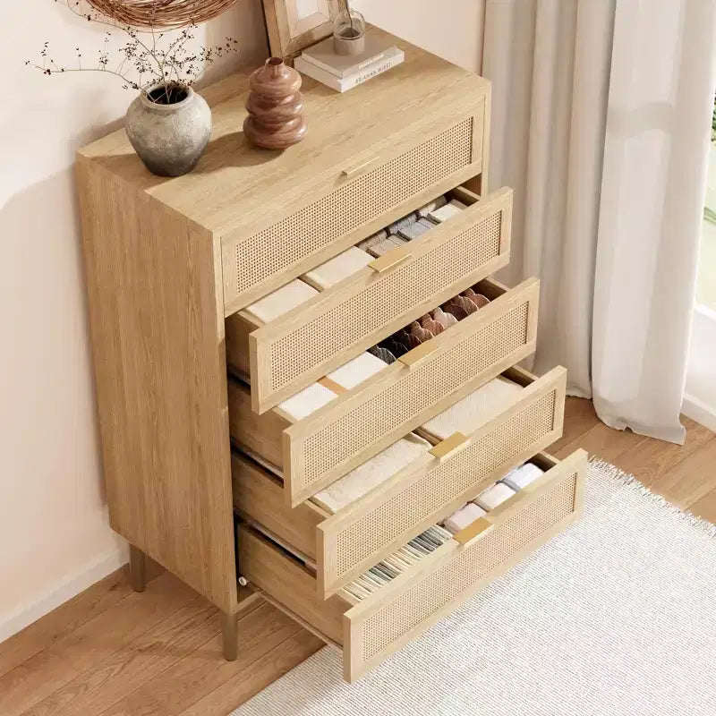 Commode à 5 tiroirs, commode verticale étroite de 112 cm de haut, commode verticale en bois de style fermier avec pieds et poignées en métal, meuble de rangement moderne