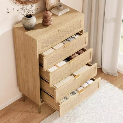 Commode à 5 tiroirs, commode verticale étroite de 112 cm de haut, commode verticale en bois de style fermier avec pieds et poignées en métal, meuble de rangement moderne