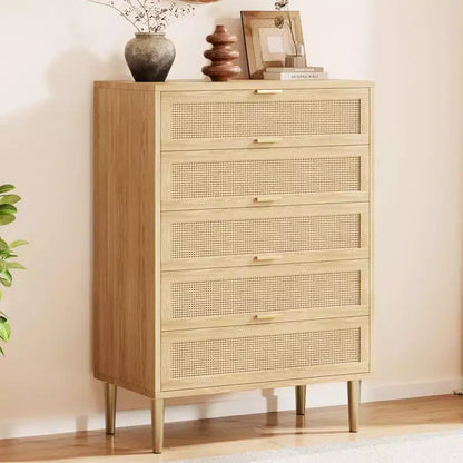 Commode à 5 tiroirs, commode verticale étroite de 112 cm de haut, commode verticale en bois de style fermier avec pieds et poignées en métal, meuble de rangement moderne