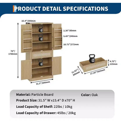 72-Inch Tall Rattan Kitchen Pantry Cabinet with Drawer, Adjustable Shelves, Farmhouse Style Cupboard Storage, For Kitchen, Dining Room, Bathroom