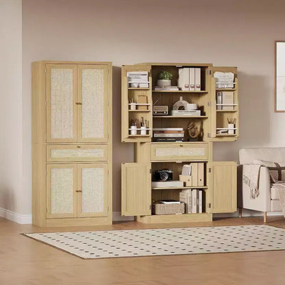 72-Inch Tall Rattan Kitchen Pantry Cabinet with Drawer, Adjustable Shelves, Farmhouse Style Cupboard Storage, For Kitchen, Dining Room, Bathroom